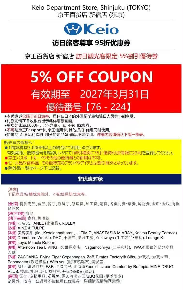Threads 圖文第 13 張，京王百貨新宿店百分之五優惠券